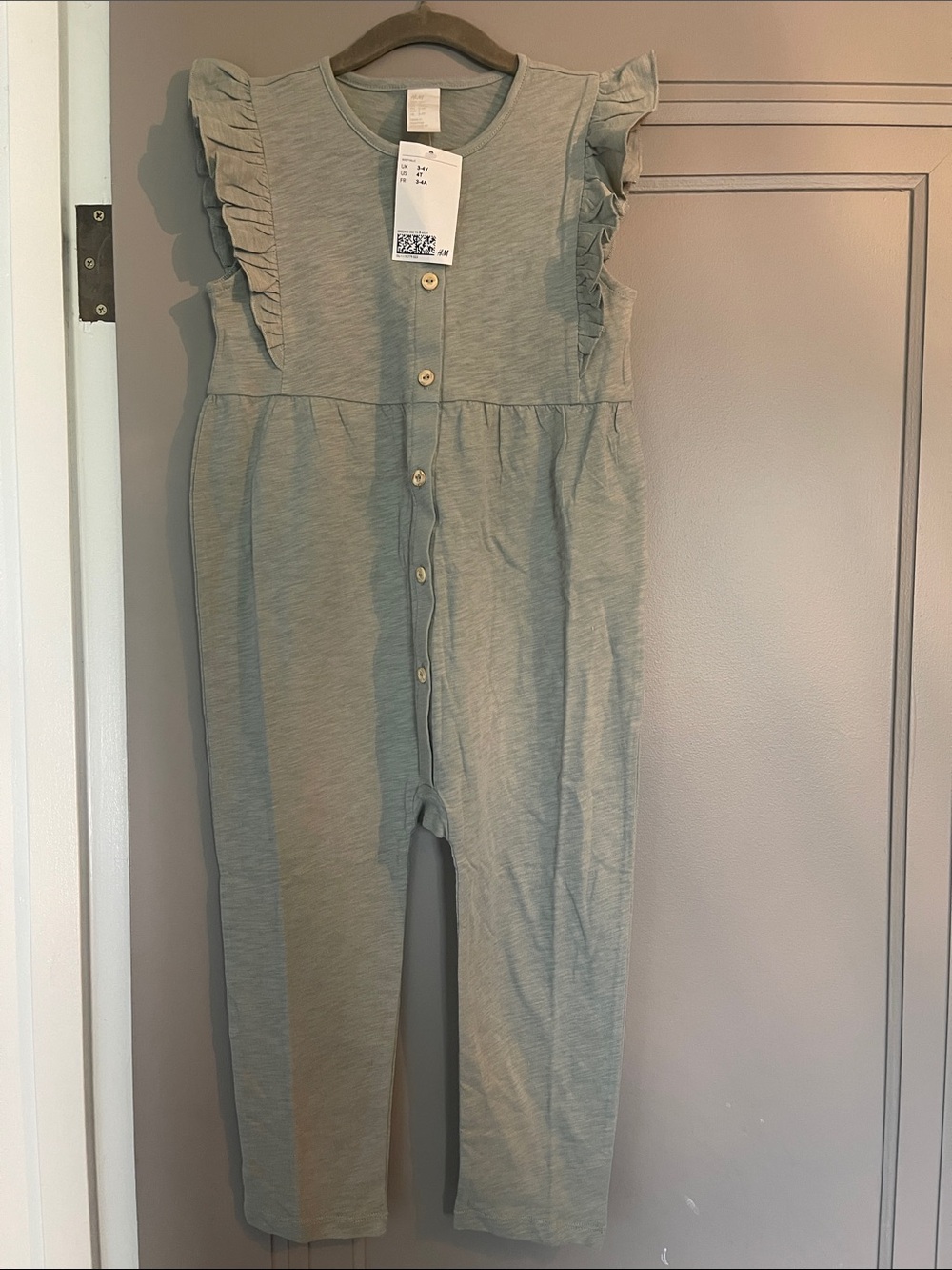 H&M Light Sage Green Ruffle-Sleeve Button Front One-Piece